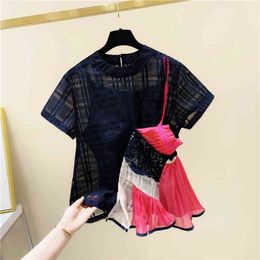 Summer Women's O Neck Short Sleeves Patchwork Irregular organza T-shirt Tee Girls Ladies Pullover Casual Tees Tops A3646 210428