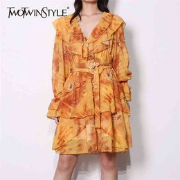 Elegant Sashes Slim Print Dress For Women V Neck Flare Long Sleeve High Waist Mini Dresses Female Spring Style 210520