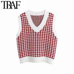 Women Fashion Oversized Houndstooth Knitted Vest Sweaters Vintage V Neck Side Vents Female Waistcoat Chic Jumper Tops 210507