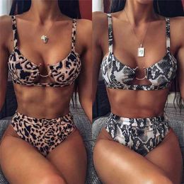 Sexy Swimwear High Waisted Swimsuit Brazilian Biquini Leopard Print Bikini Set Ring Bathing Suit Summer 2 Piece Women 210625