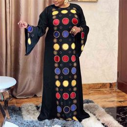 Long African Black Dresses For Women Evening Flare Sleeve Print Loose Floor Length Vintage Elegant Night Party Vestidos Big Size 210510