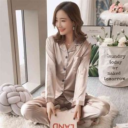 Women Pajamas Sets Quality Sexy Navy Satin Ice Silk Sleepwear Korea Sweet Long Sleeve Trousers Pyjamas 210831