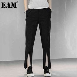 [EAM] High Waist Black Long Slit Ankle-Length Casual Trousers Loose Fit Pants Women Fashion Spring Autumn 1DD7714 21512