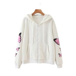 HSA Women T-Shirts Girls Zipper Sweatshirts Hoodies Harajuku Butterfly Print casual cardigan Hooded Ladies long-sleeved Top 210430