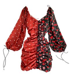 Women's Spring Autumn Print Dress Ins Fashion Colour Matching Polka Dot Floral Lantern Sleeve Lacing ML726 210506