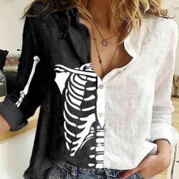 Women Casual Autumn Turn-down Collar Buttoned Skeleton Blouse Halloween Figure Print Colorblock Shirt 210323