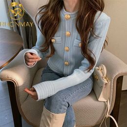Elegant OL Long Sleeve O Neck Women Sweaters Autumn Winter Button Cardigans Korean Cropped Cardigan 211011