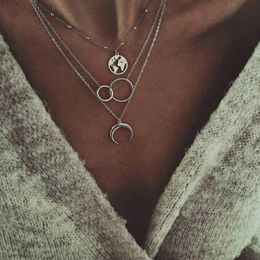 Moon Pendant Necklace Boho Geometric Layered Necklaces for Women Girl Retro Circle World Map Multilayer Choker Jewellery Charm