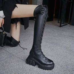 Boots Soled Thick Elastic Women's Shoes Autumn Winter Leather High Tube Lace-up Over The Knee Long