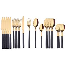 24Pcs/set Black Gold Cutlery Set 18/10 Stainless Steel Dinnerware Silverware Flatware Set Dinner Knife Fork Spoon Dropshipping 210317