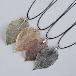 Choker Collares Necklaces Pendants For Women Leather Rope Natural Real Leaf Filigree Necklace Jewelry Gift