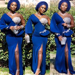 Aso Ebi 2021 Arabic Plus Size Royal Blue Lace Beaded Evening Dresses Sheer Neck High Split Prom Formal Party Second Reception Gowns ZJ366