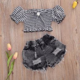 Kids Baby Girls Clothes Sets 2021 Summer Short Sleeve Off Shoulder Plaid Tops and Ripped Denim Shorts Fashion Child Outfits
