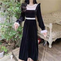Vintage Women Lace Ruffles Patchwork Velvet Dress Spring Elegant Lady Black Long Sleeve Party Dresses Vestidos 210519