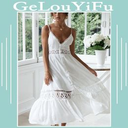 Casual Dresses White Lace Women Dress Hollow Out Strap Holiday Beach Sleeveless Long Party Elegant Maxi Clothes Backless Female