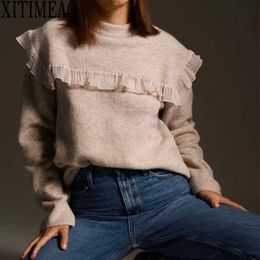 ZA Autumn Winter Women Sweaters Pullovers Warm Minimalist Solid Ruffle Decoration Jumpers Ladies Chic Tops 210602