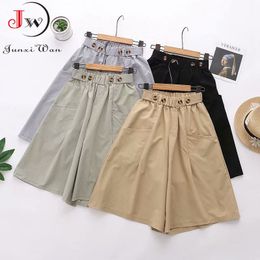 Women Summer Midi Shorts Skirt Casual Cotton Solid Elastic Waist Korean Style Fashion Girls Streetwear Wide Leg Pants Beach 210510