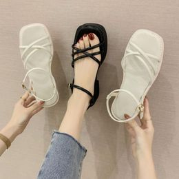 Korean Square Toe Casual Tide Sandals Women's Comfortable Thick Heel Mid-heel Buckle Roman Platform Shoes