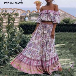 Bohemia Ruffle Elastic Slash neck Floral Print Pullover Shirt Women High Waist Maxi Long Skirt Pink Holiday 2 Pieces Set 210730