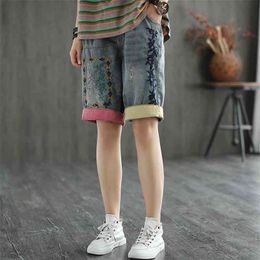 Women Summer Fashion Vintage Embroidery Ripped Contrast Color Patchwork Half Sleeve High Waist Denim Casual Female Chic Shorts 210724