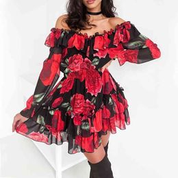 Women Off Shoulder Ruffles Flower Print Dress 2021 Spring Long Sleeve Elegant Party Dress Female Chiffon Beach Holiday Vestidos 210322