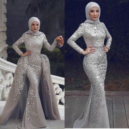 Silver Grey Mermaid Evening Dress with Detachable Train 2021 Sequined Long Formal Prom Gowns Muslim vestido de novia