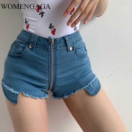 Summer Fashion Girl Female Sexy Blue Zipper Irregular Tassel Vintage Slim Sheath High Waist Shorts Jeans Denim E308 210603