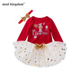 Mudkingdom Christmas born Baby Girls Clothes Sets Cartoon Print Tops Lace Tutu Skirt Headband Outfits 210615