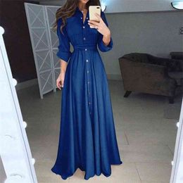 Fashion Women Autumn Casual Long Sleeve Shirt Maxi Dresses Sexy Solid Buttons Party Dress Robe Plus Size Clothes Vestidos 210517