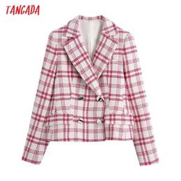 Tangada Women Red Plaid Blazer Coat Vintage Double Breasted Long Sleeve Female Outerwear Chic Tops BE730 210609