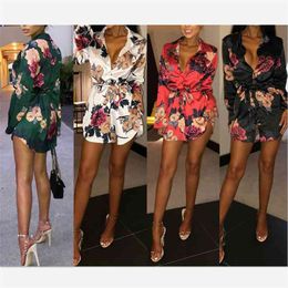 Women Dress Female Summer Sexy V-Neck Silk Satin Elegant Ladies Print Floral Long Sleeve Loose Short Mini Beach Party Clothing 210522