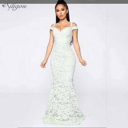 Summer Style Short-Sleeved Strapless Tight-Fitting White Lace Fishtail Long Ladies Strappy Sexy Party Dress Vestidos 210527