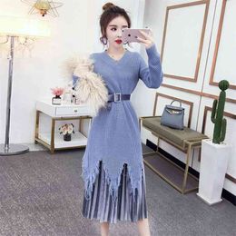 Two-piece Suit Women Autumn And Winter Korean Fashion V-neck Fringed Mid-length Knitted Dress + Pleated Skirt 210427