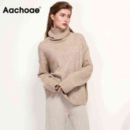 Aachoae Autumn Winter Women Knitted Turtleneck Wool Sweaters Casual Basic Pullover Jumper Batwing Long Sleeve Loose Tops 211217