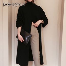 TWOTWINSTYLE Split Black Sweater Women Long Sleeve Turtleneck Knitted Pullover Tops Female Clothes Korean Winter 210914