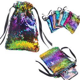 8 Styles Sequin Drawstring Bag Coin Purse Pocket Reversible Girls Phone Earphone Kids Bag Party Gift Bags