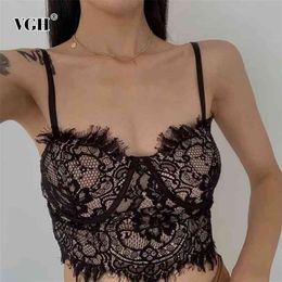 Black Patchwork Lace Vest For Women Square Collar Sleeveless Slim Tank Tops Female Fashion Clothing Summer 210531