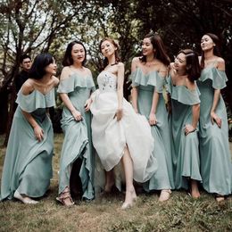 2021 Chiffon Bridesmaid Dresses Floor Length Off the Shoulder Spaghetti Straps Plus Size Maid of Honor Gown Beach Wedding Guest Party Wear vestidos