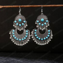 Bohemia Silver Colour Moon Blue Turquoises Dangle Earrings For Women Vintage Geometric Tassel Earring Indian Jewellery