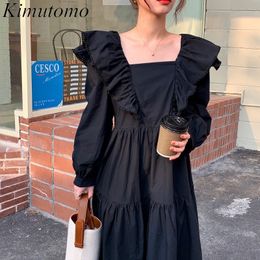 Kimutomo Vintage Square Collar Dress Women Slim High Waist Butterfly Sleeve Vestido Spring Autumn Korea Chic Elegant 210521