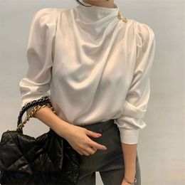 Korean stand-up collar pleated design button all-match puff sleeve solid Colour shirt spring casual top 210520