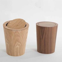 9L Garbage Can with Lid Waste Bins Solid Wood Wastebasket Home Cleaning Tools Round Trash Swing Cover Office Storage Baskets 210827