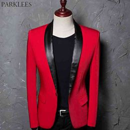 Red One Button Pacthwork Suit Jacket Men Spring Slim Fit Shawl Collar Blazer Jacket Male Party Wedding Costume Homme 210522
