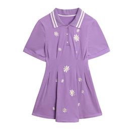 PERHAPS U Small Daisies Purple Black Turn Down Collar Short Sleeve Daisy Floral Embroidery Knitting Mini Dress Summer D2685 210529
