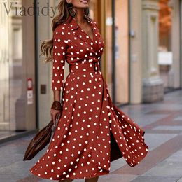Women Polka Dot Print Long Sleeve V-Neck Slit Midi Dress With Sashes Plus Size Y0726