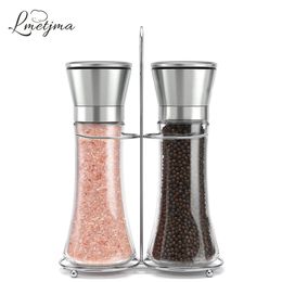 LMETJMA Salt and Pepper Shakers Set With Stand Stainless Steel Mill Manual Spice Grinder KC0223 210712