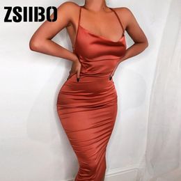 Casual Dresses neon satin lace up summer women bodycon long midi vintage backless elegant party outfits sexy club clothes vestido dress robe 210325