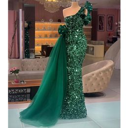 Evening Long Sparkly Dresses Mermaid One Shoulder Dark Green Sequined African Women Formal Party Gowns Peplum Ruffle Prom Dress