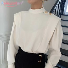 Aelegantmis Korea Style Chic Button Loose Office Lady Blouse Shirt Women Casual Spring Turtleneck Female vintage OL 210607