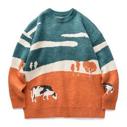 LACIBLE Men Cows Vintage Sweaters Pullover Mens O-Neck Korean Fashions Sweater Women Casual Harajuku Clothes Hip Hop Retro Tops 210918